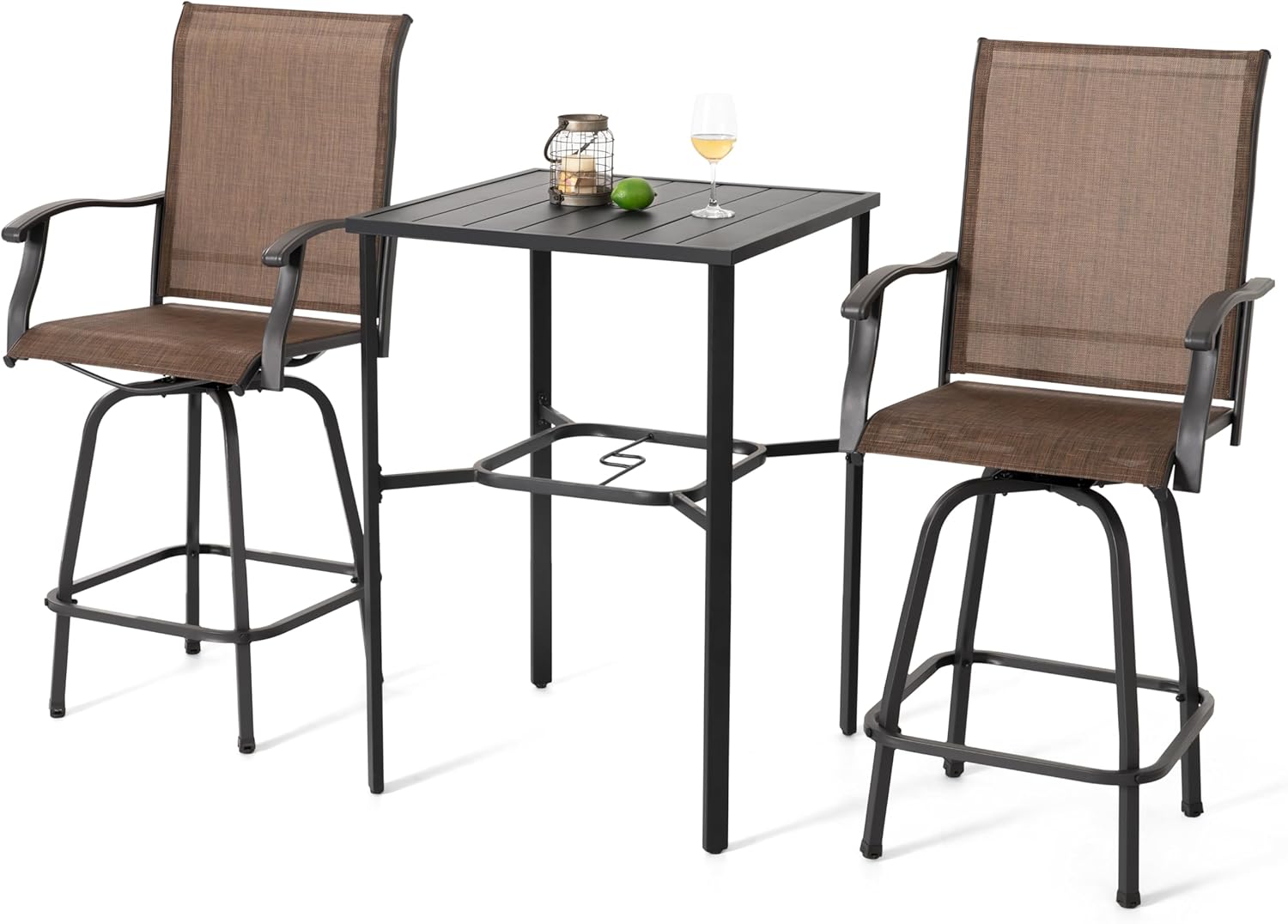 NUU GARDEN Outdoor Bar Set 3 Piece, Patio Square Tempered Glass Table with Textilene Swivel Bar Stools High Backrest, Outdoor Furniture for Garden Backyard, Brown Black