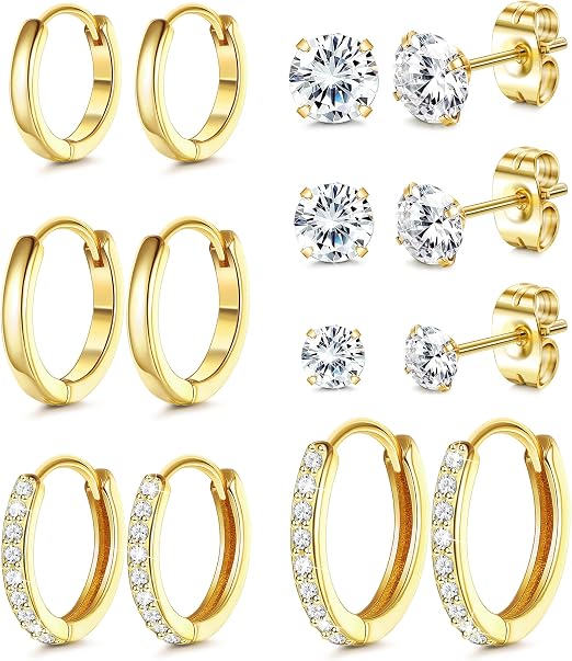 Dochais 7 Paar Ohrringe Set 316L Chirurgenstahl Ohrringe Medizinische Ohrstecker Creolen Huggie Mehrfachpiercing 14K Vergoldet Hypoallergene Helix Tragus Piercing Ohr Für Damen Mädchen Gold&Silber B