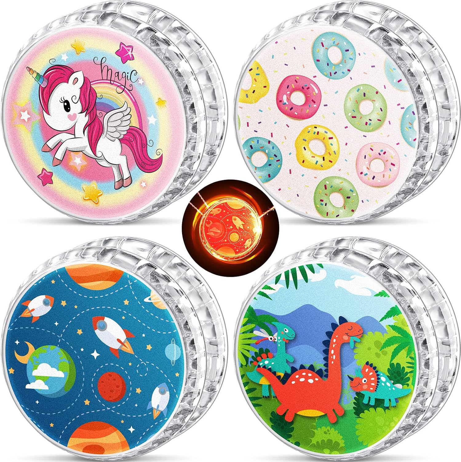 Chivao 4 Packs LED Light up Beginner Toys, Unicorn Donut Dinosaur Space | Responsive Ball Bearing Reflex Auto Return Toys Magic Beginner for Birthday Party Goodies Bag Fillers Classroom Prize