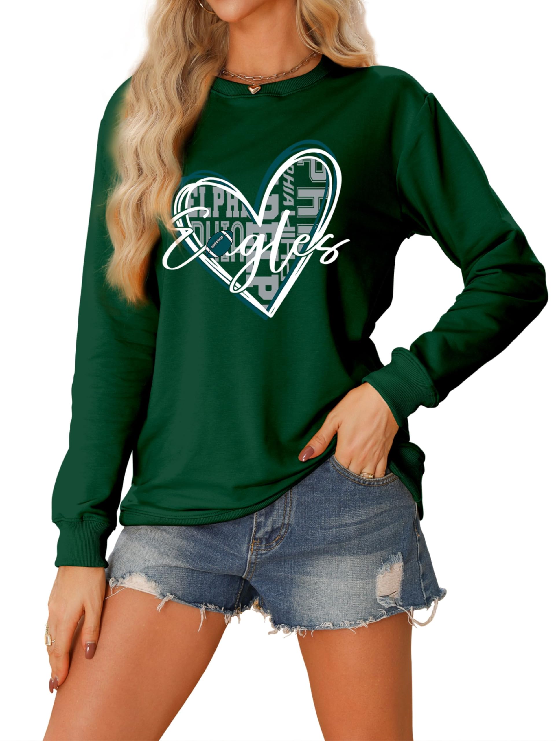 BVUSHM Football Sweatshirt Women Game Day Sweatshirts Football Team Fans Pullover Shirt Crewneck Heart Graphic Long Sleeve