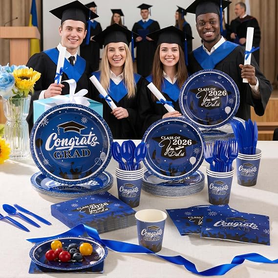 350PCS Blue 2026 Congrats Grad Disposable Paper Tableware Sets | Graduation Party Supplies Includes 9 & 7 Disposable Graduation Paper Plates, 9oz Cups, Napkins & Cutlery for 50 Guests