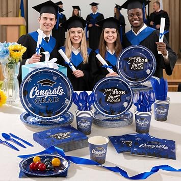350PCS Blue 2026 Congrats Grad Disposable Paper Tableware Sets | Graduation Party Supplies Includes 9 & 7 Disposable Graduation Paper Plates, 9oz Cups, Napkins & Cutlery for 50 Guests