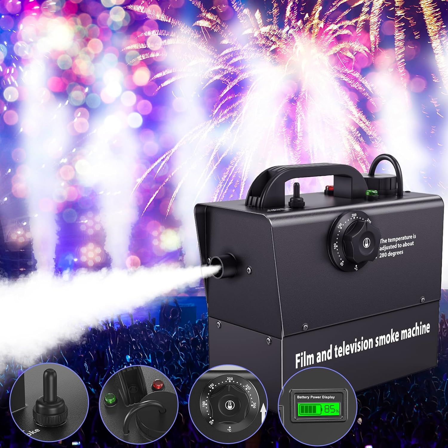 Diagram showing the dimensions of the fog machine: 22.5cm width, 11cm depth, 23cm height, and a weight of 4kg. A small table lists product name, control mode, charging voltage, operating voltage, and oil drum capacity.