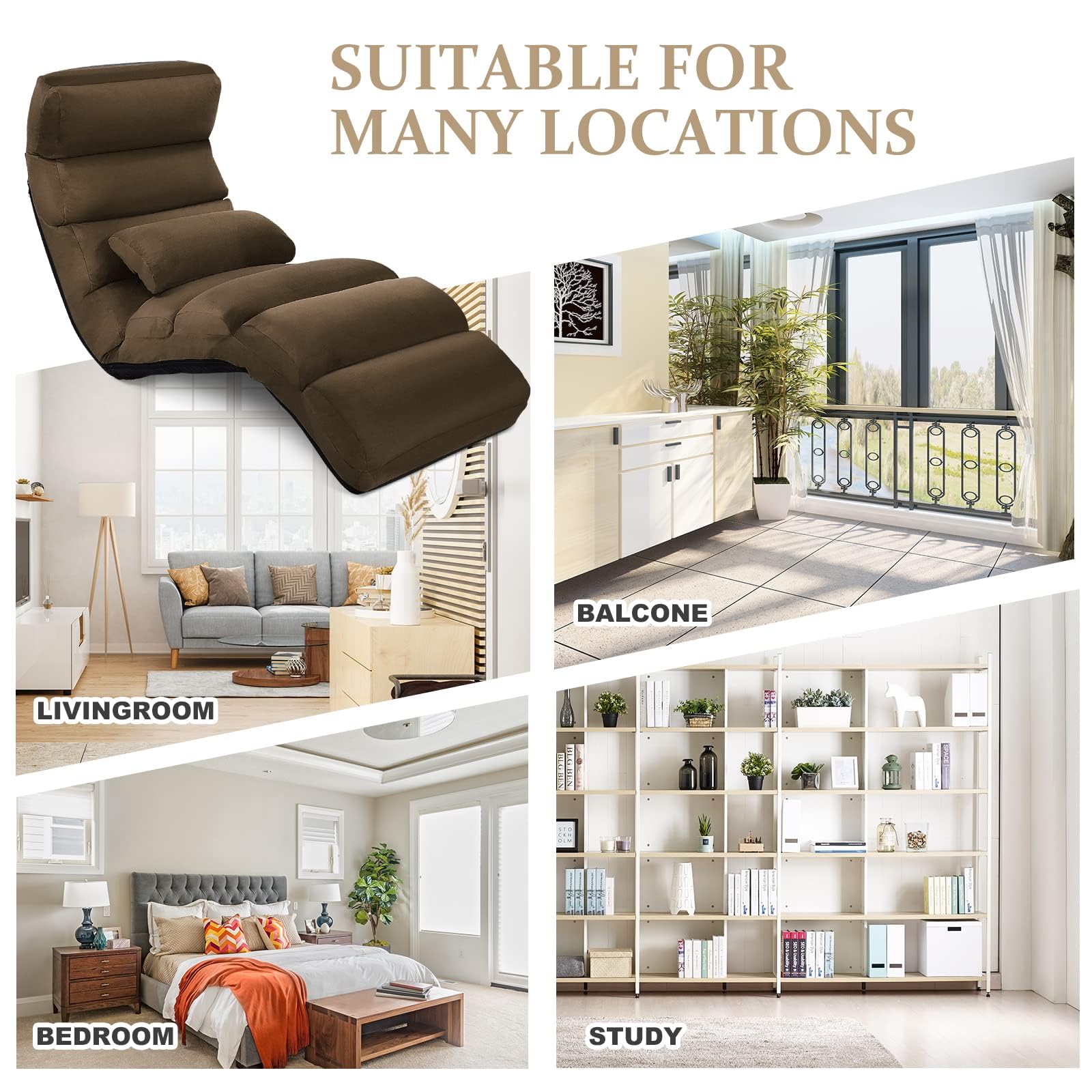 LIFEZEAL Sillón Relax Ajustable en 5 Posiciones, Sofá Relax de Suelo Plegable, Sofá Perezoso de Gamuza y Tejido Poliéster, Tumbona de Relajación con Capacidad de Carga de 120 KG (Marrón)