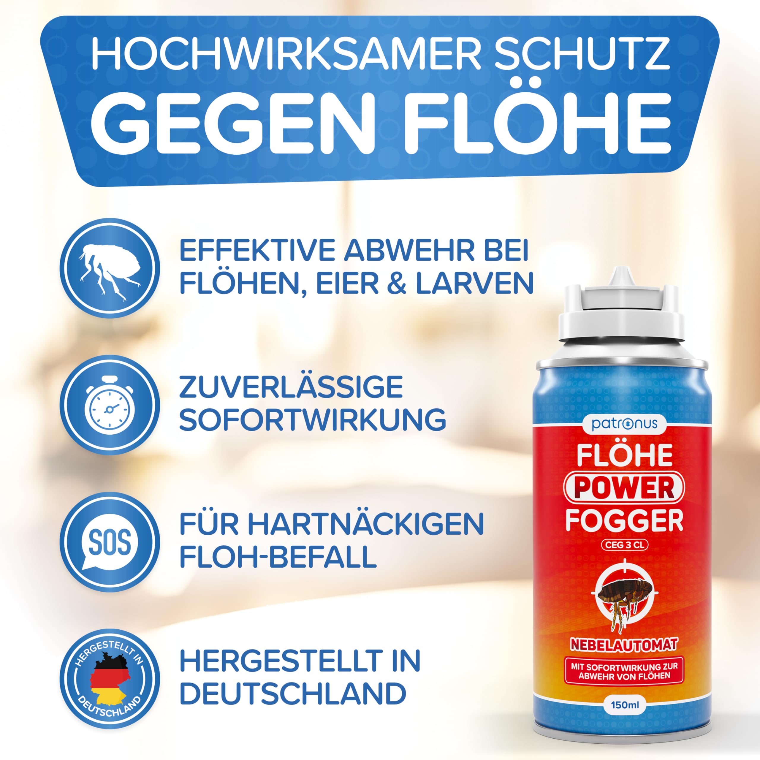 Patronus Flöhe Power Fogger mit maximaler Sofortwirkung [2X 150ml] | effektiver Floh-Fogger zur Abwehr gegen Flöhe in der Wohnung - Flohbomben für schwierig erreichbare Floh-Verstecke