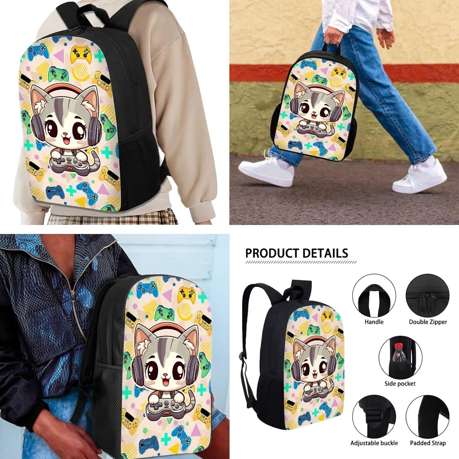 Biyejit Gaming Cat Backpack for Boys Girls Kids, School Bag with Lunch Bag & Pen Case for Toddler Kindergarten Elementary School, Heavy Duty Bookbag Stadium Approved