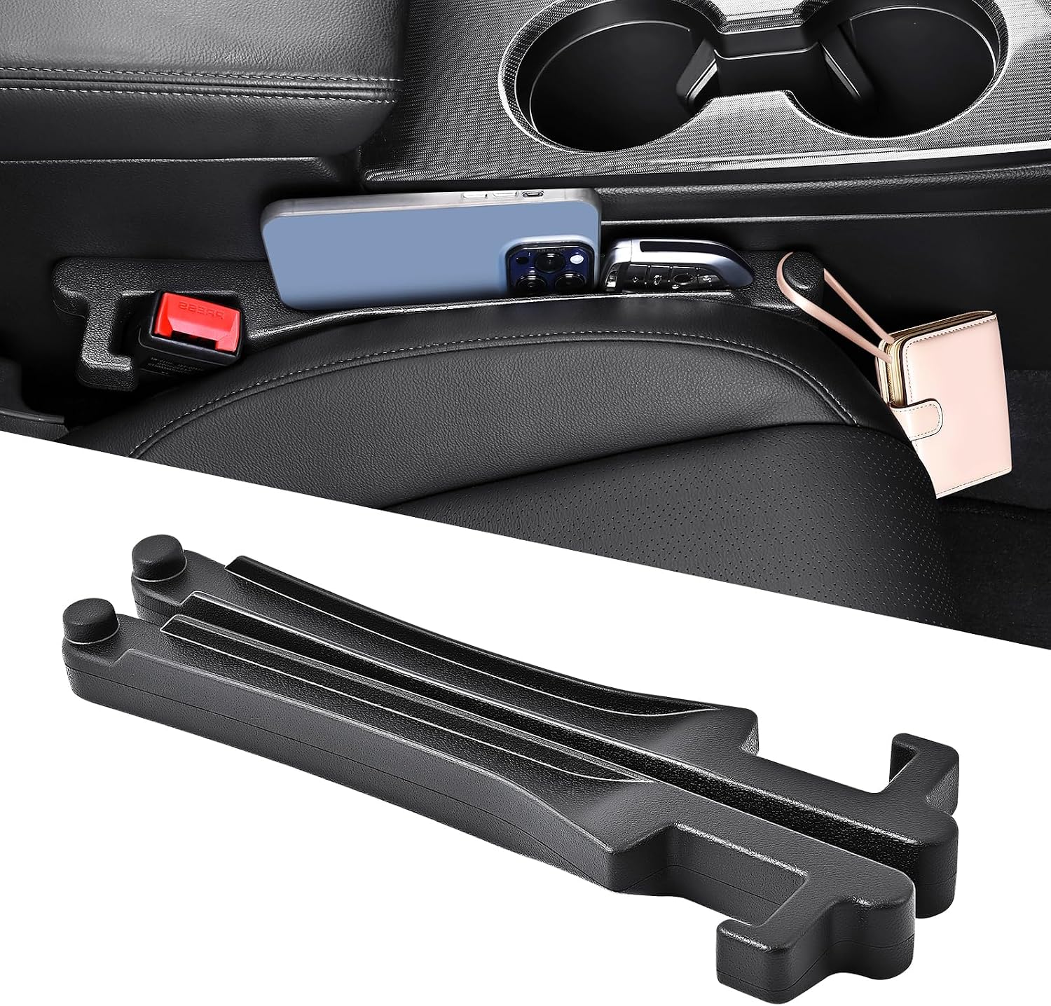 Edotim Car Seat Gap Filler with Hook, Car Organizers and Storage with Phone Holder, Car Seat Accessories, Car Organizer Fit Sedan SUV Truck-2PCS Black