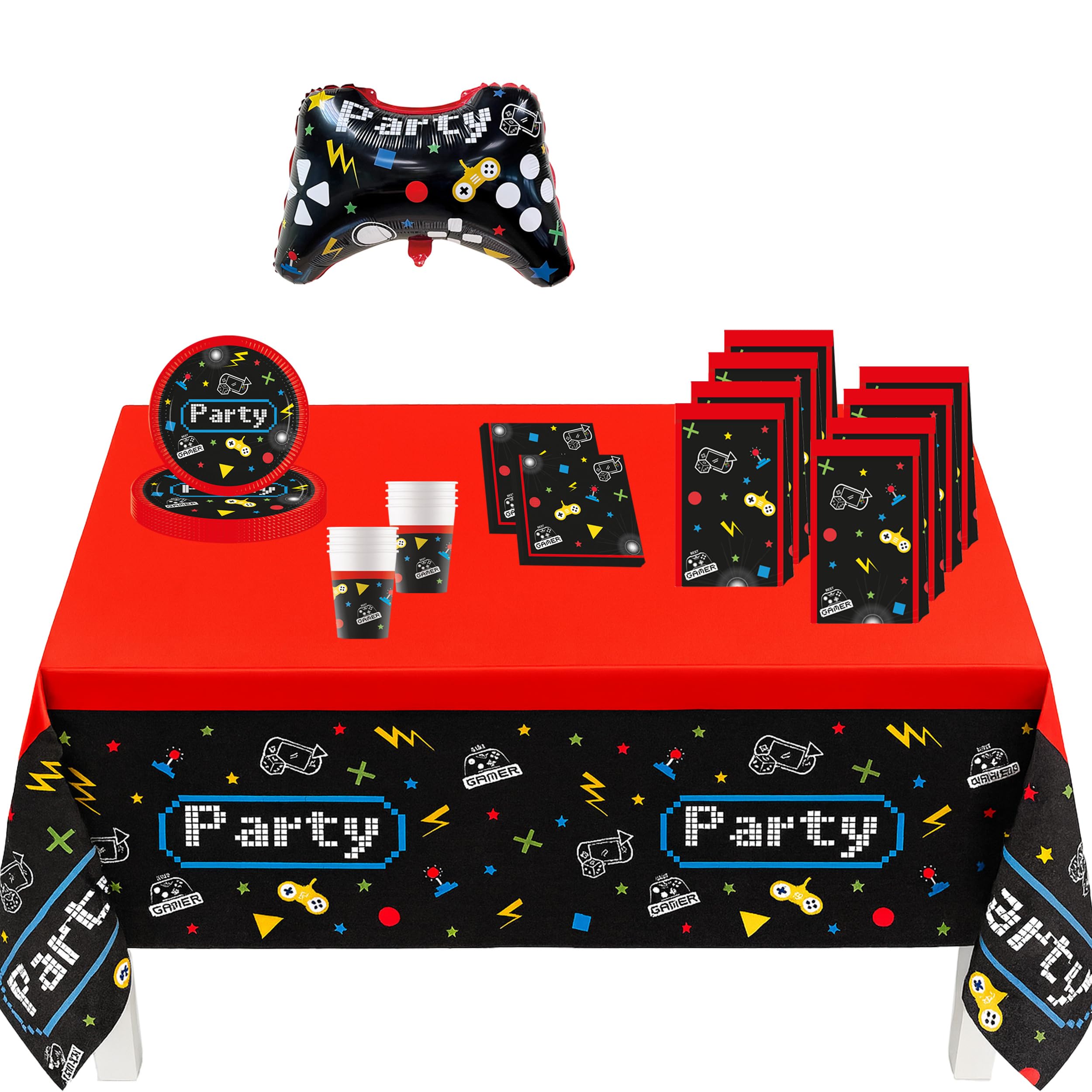 Procos DY10273855 Gaming Party Set Large Plates, Napkins, Cups, Bags, Tablecloth, Foil Balloon, Table Decoration, Birthday Decoration