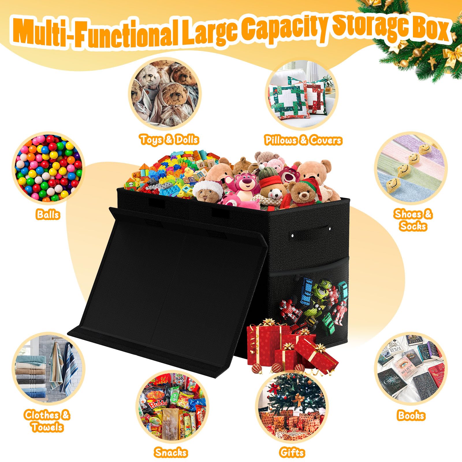 Rocamdo Caja de juguetes extra grande con tapa, organizador de almacenamiento de juguetes plegable con divisor extraíble para niños, niñas, cuarto de bebé, sala de juegos, armario, 25 x 13 x 16