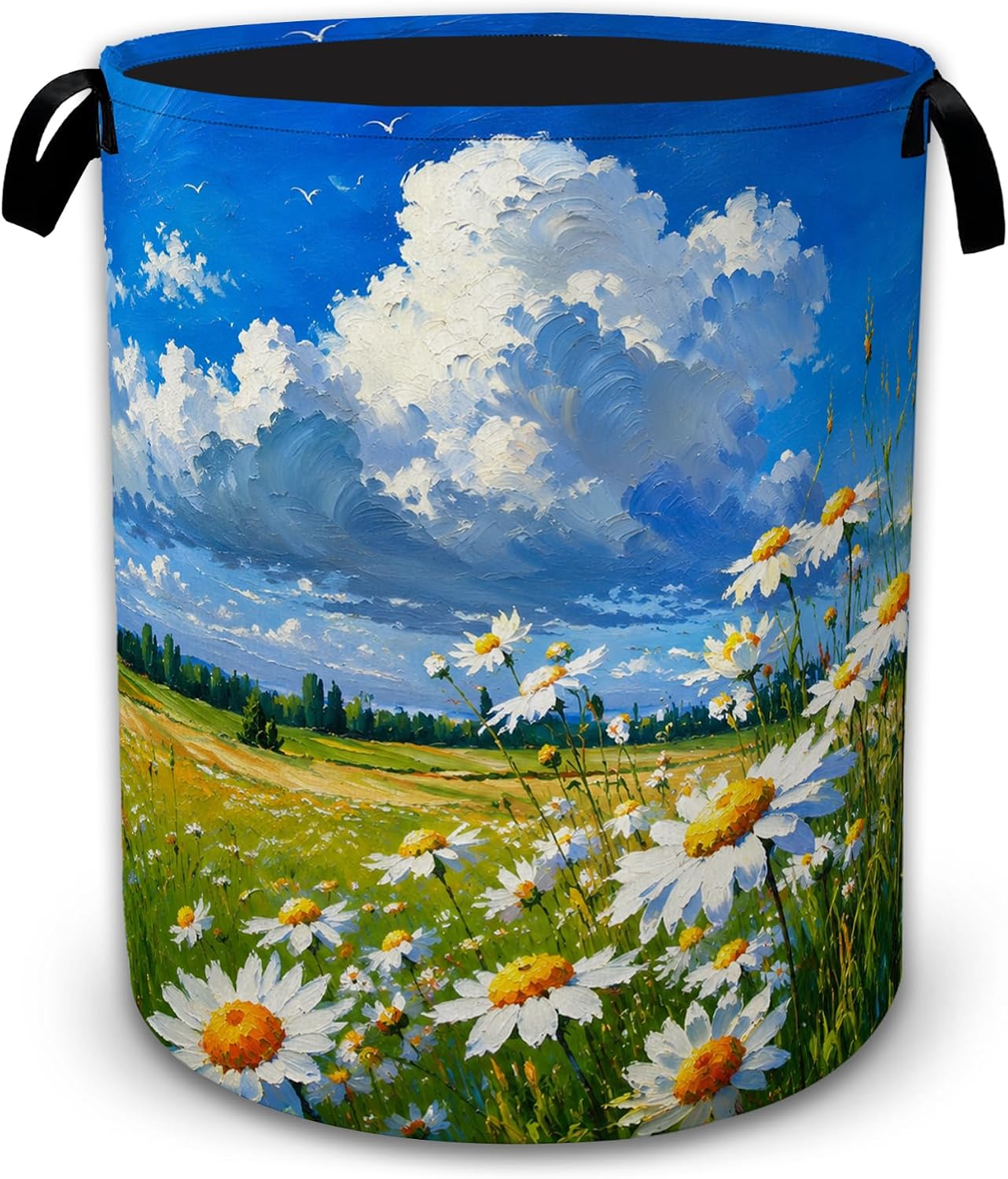 Sunny Daisy Meadow Laundry Basket with Handles, Foldable Tall Oxford Clothes Hamper, Lightweight Water-Resistant Storage Bin for Bedroom Bathroom College Dorm, 16 x 20.8 Inch
