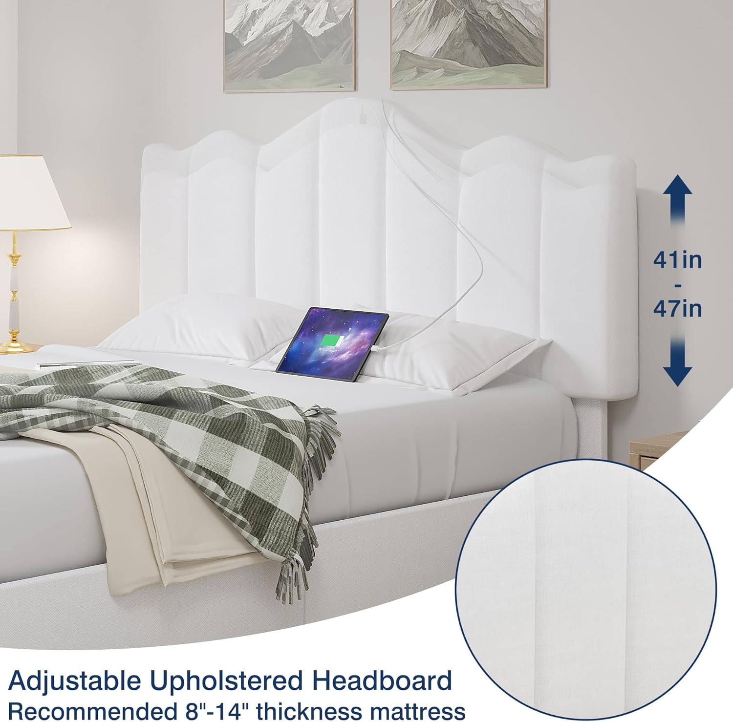 VECELO Queen Size Bed Frame with 4 Drawers, Adjustable Headboard, Upholstered Platform with Wood Slats Support, Built-in USB and Type C Ports, Off White