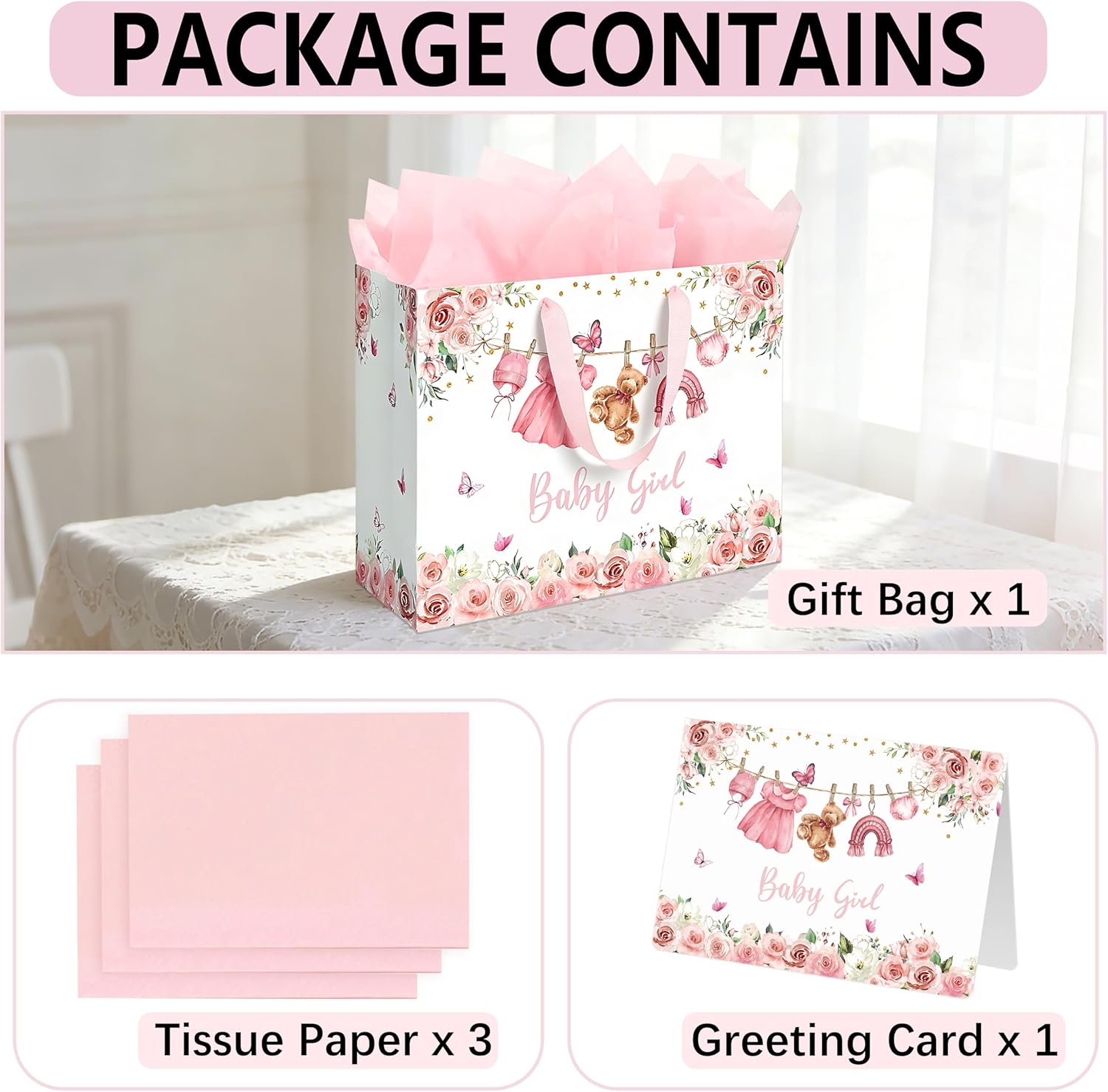 Yusenguan 13" Large Baby Gift Bag for Girl, Pink Floral Design with Handles, Tissue Paper and Gift Card, Perfect for Girl Baby Shower & Kids Birthday Party - Image 3
