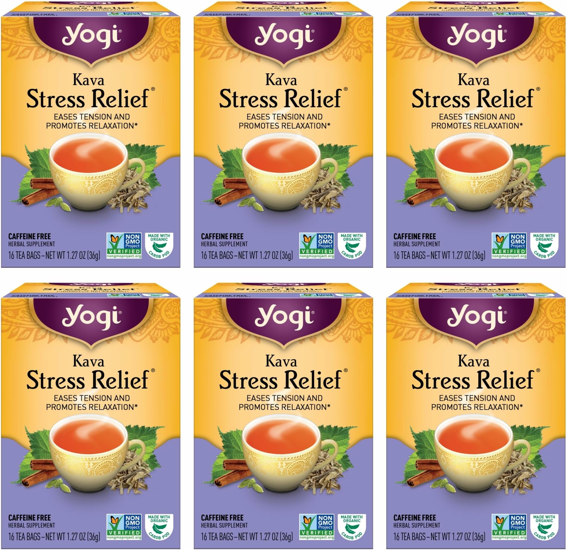 Tea - Kava Stress Relief (6 Pack) - Eases Tension and Promotes Relaxation - Caffeine Free - 96 Herbal Tea Bags