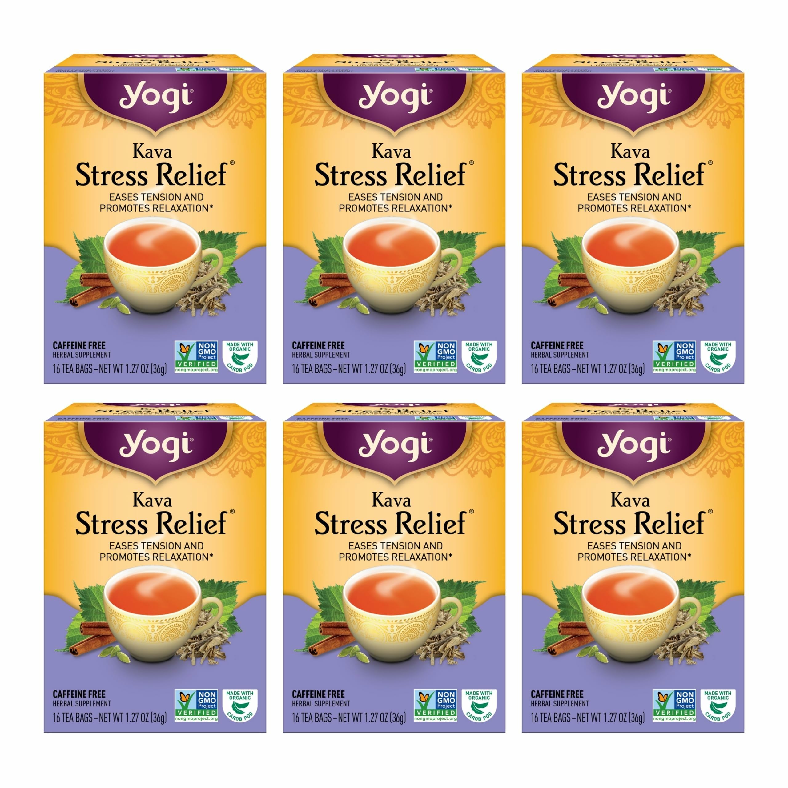 Yogi Tea - Kava Stress Relief (6 Pack) - Eases Tension and Promotes Relaxation - Caffeine Free - 96 Herbal Tea Bags