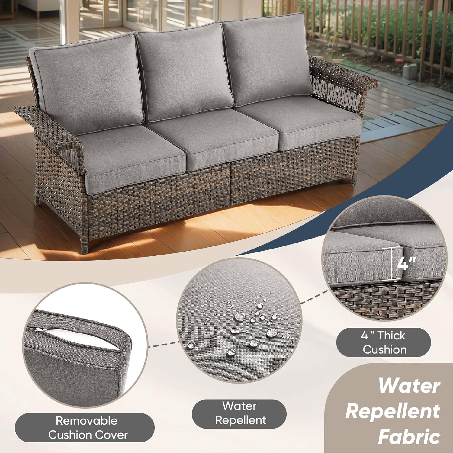 HUMMUH Outdoor Patio Couch - All Weather Rattan Wicker Patio Sofa 3 Seater Outdoor Couch for Deck Porch Balcony Garden-Brown/Grey