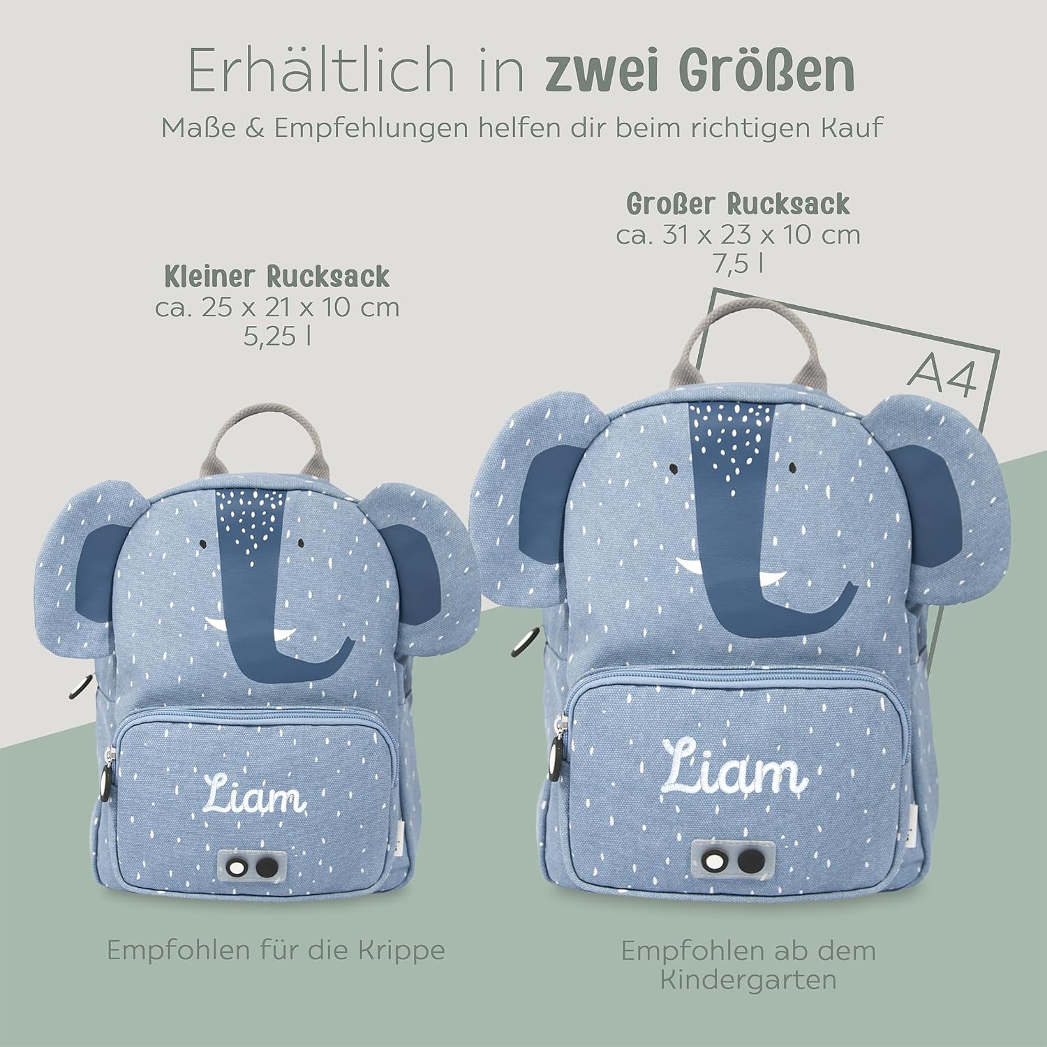 wunderwunsch TRIXIE Nursery Backpack, Backpack for Sports Lessons School and Nursery, Hoard and Crib, Choice of Name (Elephant, Small (5.25 Litres)) Elephant Klein (5,25 Liter)