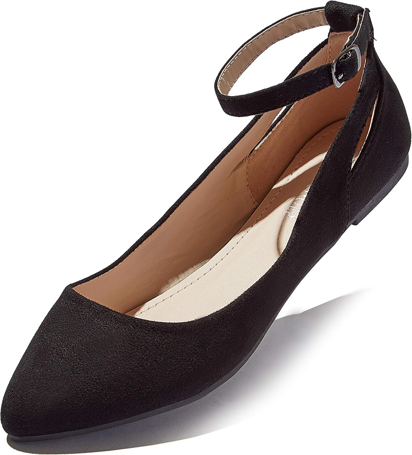 DailyShoes Women's Fashion Adjustable Ankle Strap Buckle Pointed Toe Low Wedge Flat Shoes