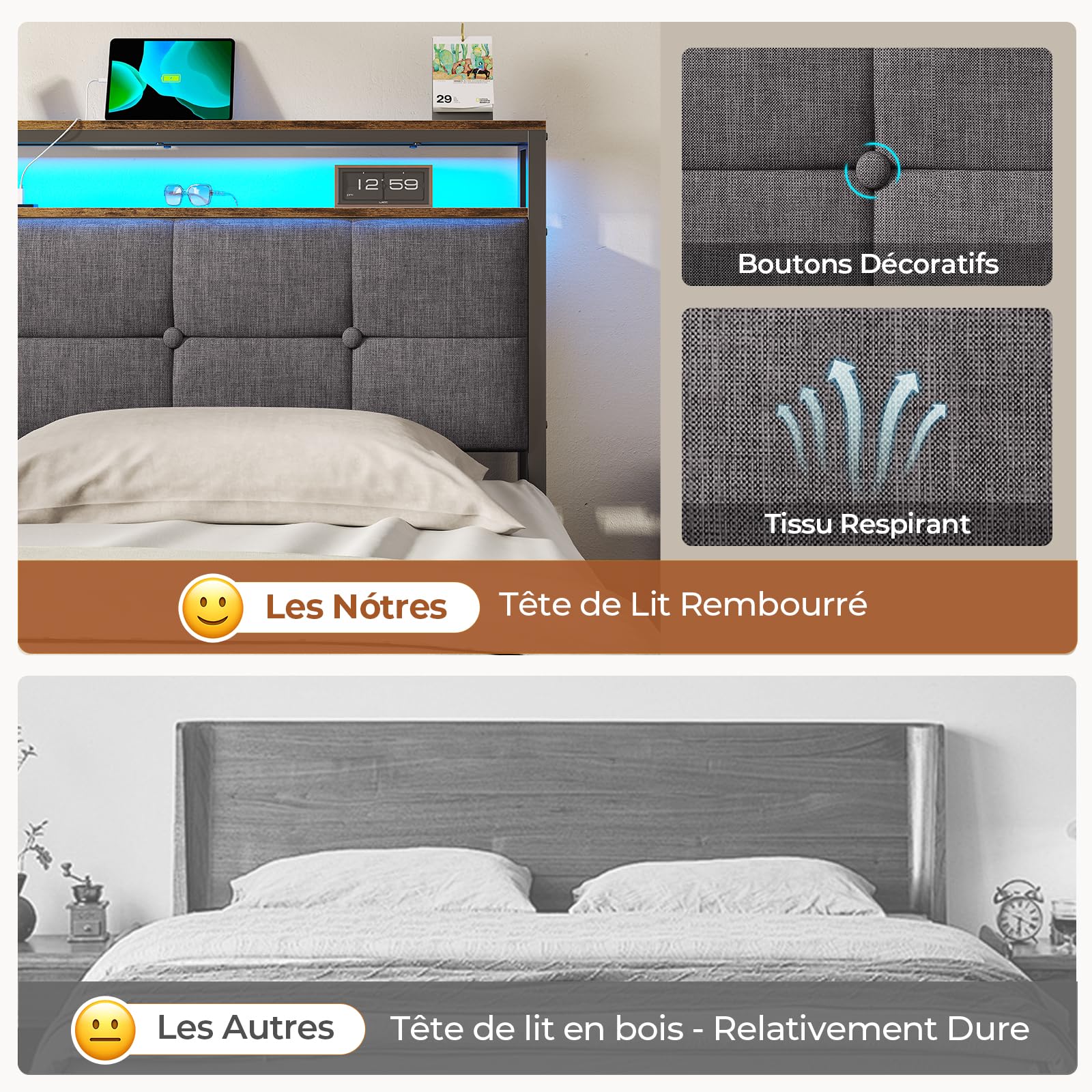 AOGLLATI Lit 2 Personnes avec Multiprise et LED Réglable,Cadre de Lit 140x190 avec Sommier Métal,Capitonnée en Lin Gris, sans Matelas