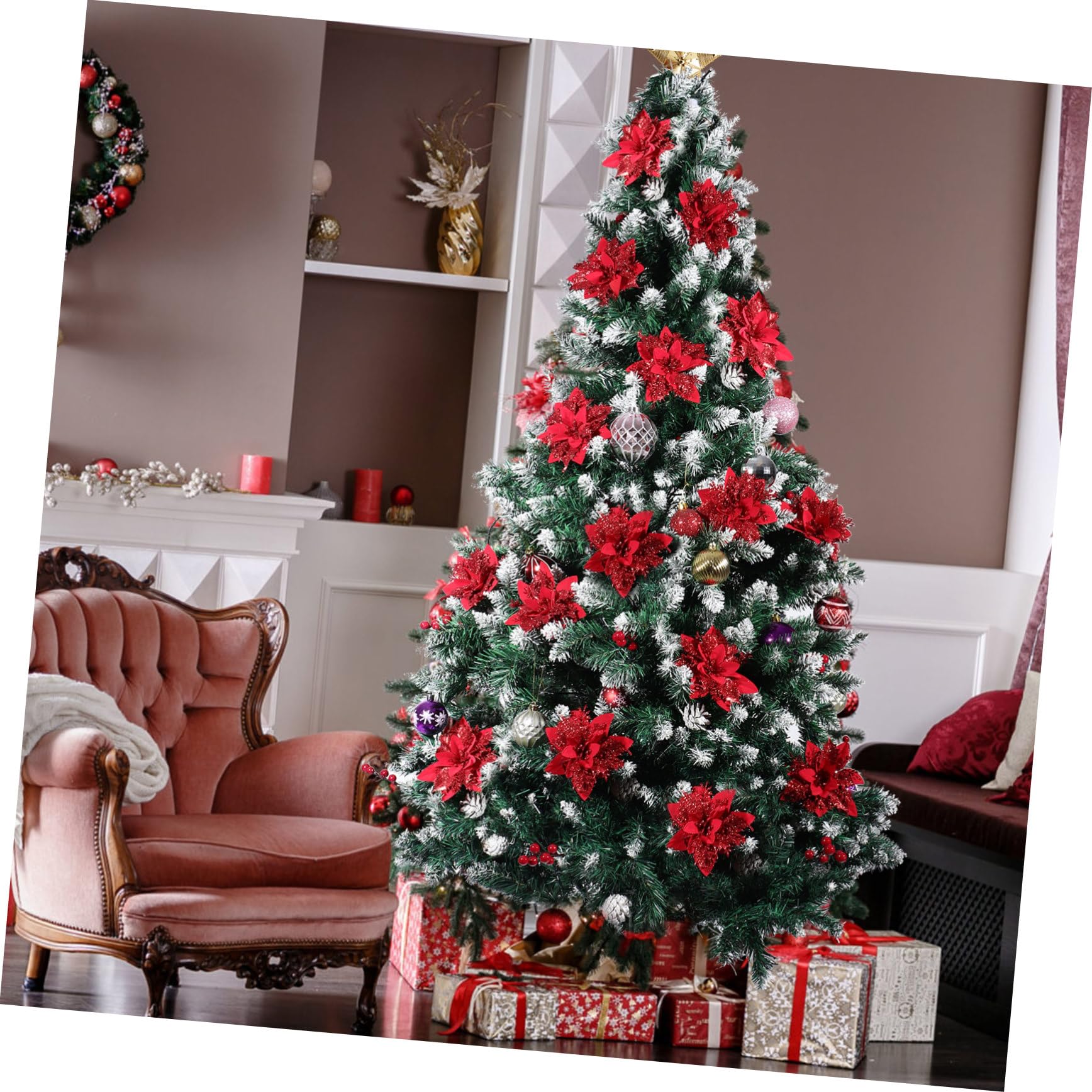TOYANDONA 12 Piezas de Decoración de Flores Artificiales Poinsettia de Navidad para La Decoración del Árbol de La Guirnalda de Navidad con 12 Piezas de Clips Y Tallos Rojo Brillante