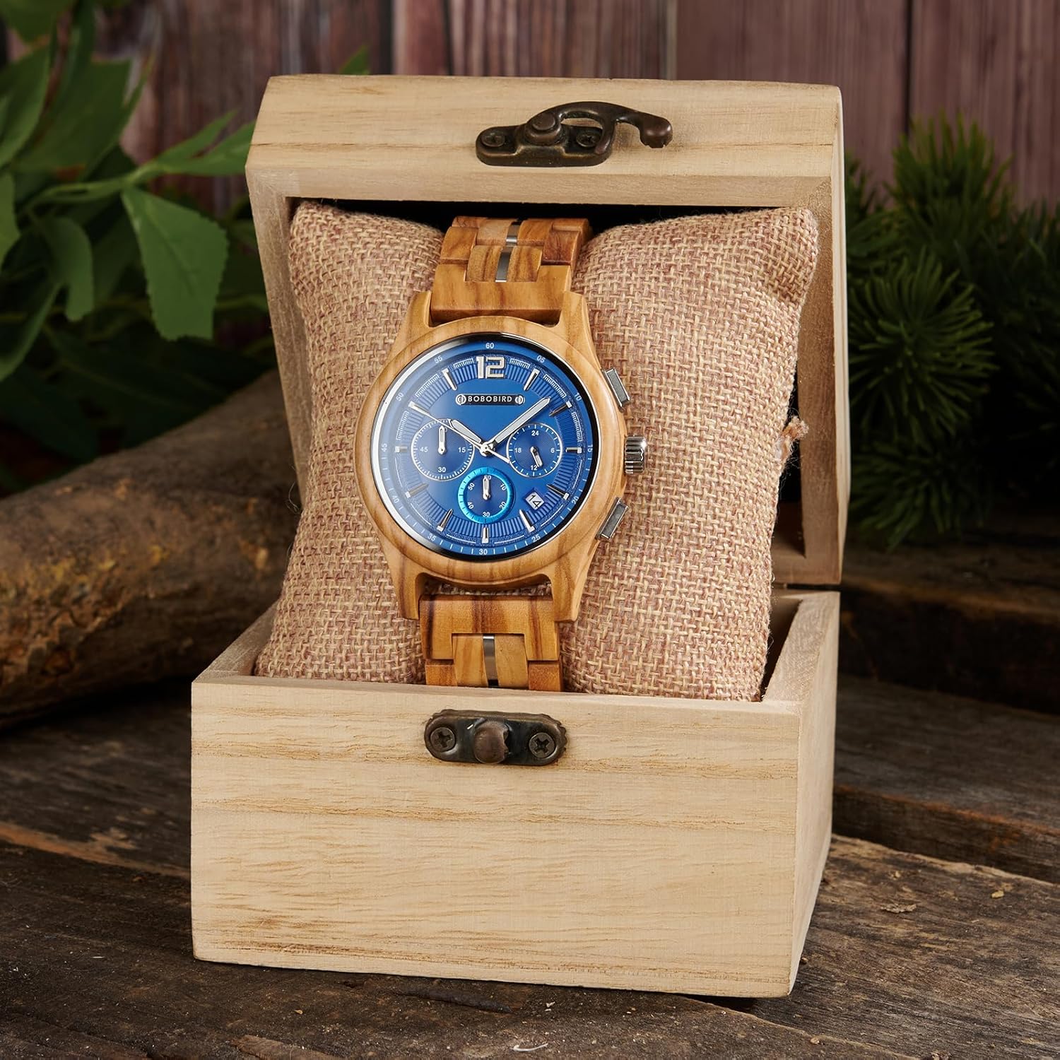BOBO BIRD Men's Chronograph Wooden Watch Multifunction Sub-Dials, Natural Zebrawood Band – Gold, Blue & White Dial Options – Gift for Him