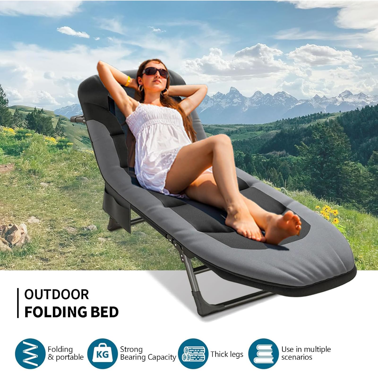 Lettino da campeggio pieghevole, pieghevole con materasso e tasca laterale, regolabile in 5 posizioni, letto pieghevole per campeggio, viaggi, spiaggia, giardino, esterni e interni (nero)
