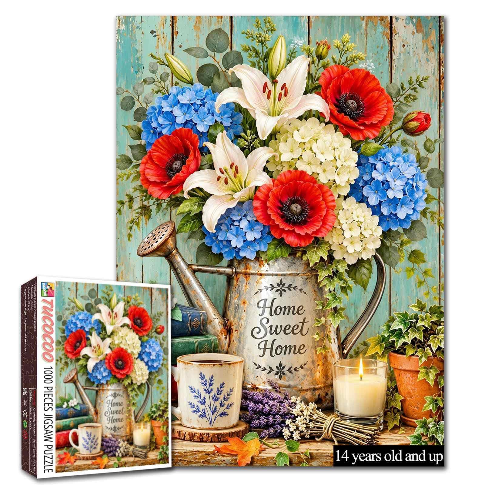 1000 Piece Jigsaw Puzzle for Adults Rustic Floral Watering Can Art — image 1