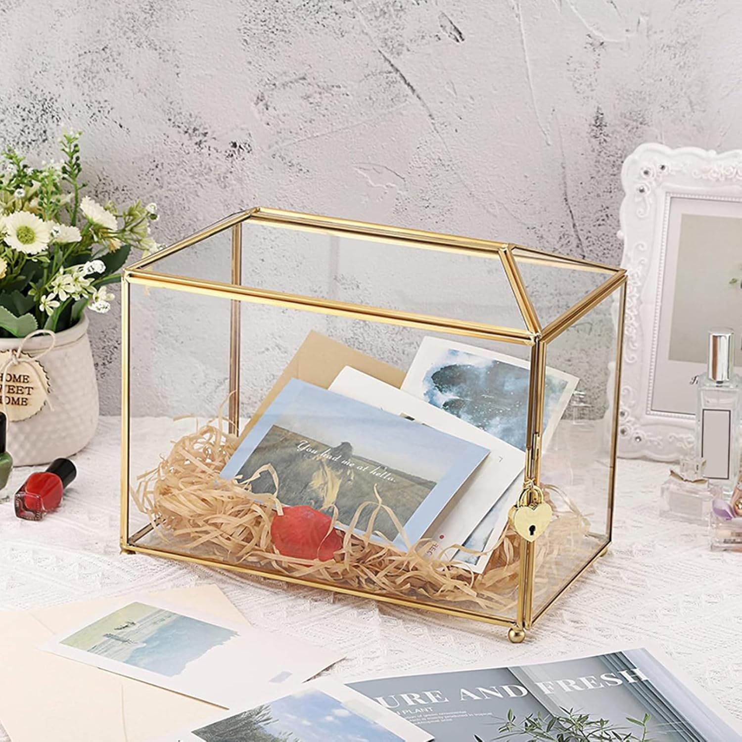 Gold Card Box with Lock and Slot, 10x6x8 Inch Clear Glass Card Box Wedding Bridal Shower Parties CuGold