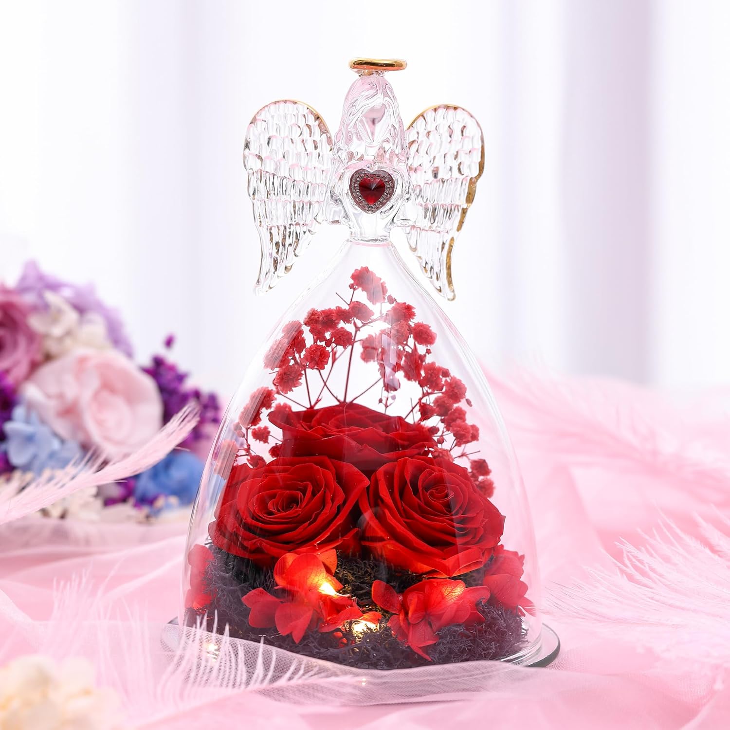 Mothers Day Rose Gifts for Women, Large Angel Figurines with Real Roses, Preserved Real Flower Rose for Her - Red - Image 6