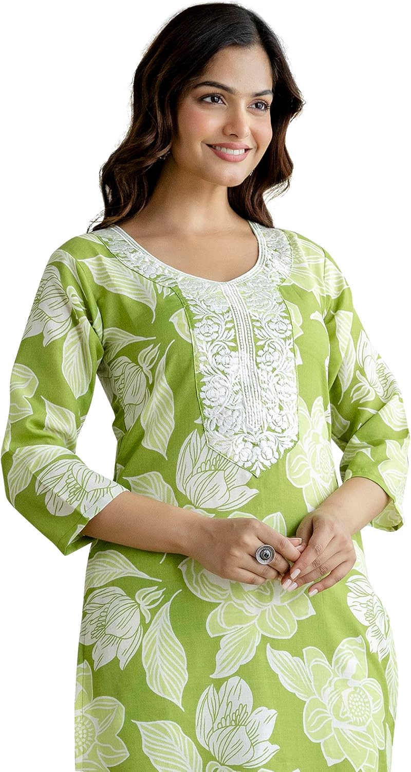 TRENDMALLS Women's Cotton Slub Magic Printed Floral Kurta Pant Embroidery Neck Work Kurta Set (E64-LightGreen-S)
