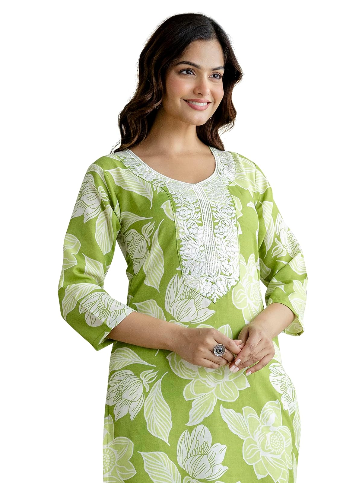 TRENDMALLS Women's Cotton Slub Magic Printed Kurta Pant Embroidery Neck Work