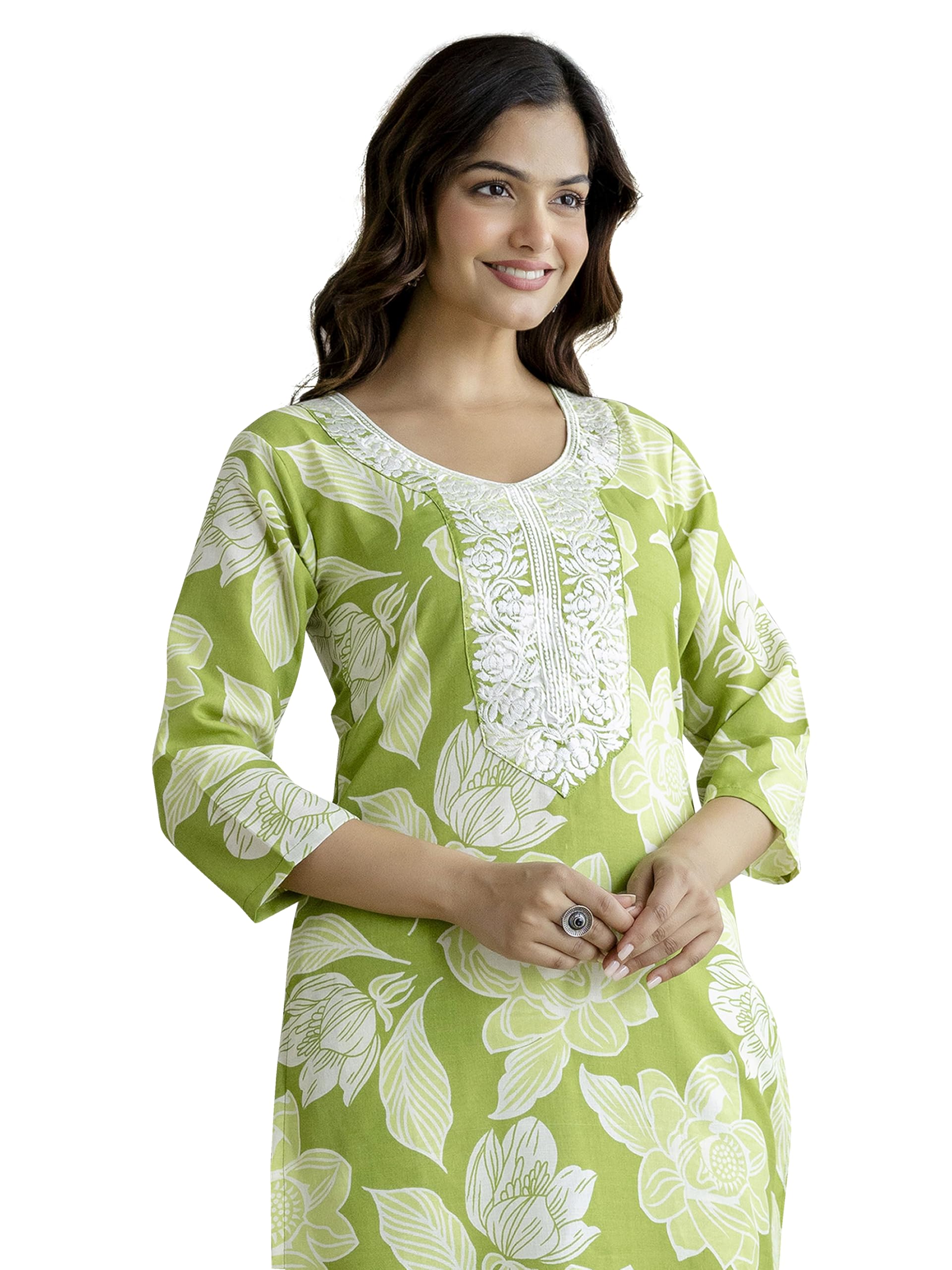 SNITCH Women's Cotton Slub Magic Printed Kurta Pant Embroidery Neck Work Kurta Set in multi
