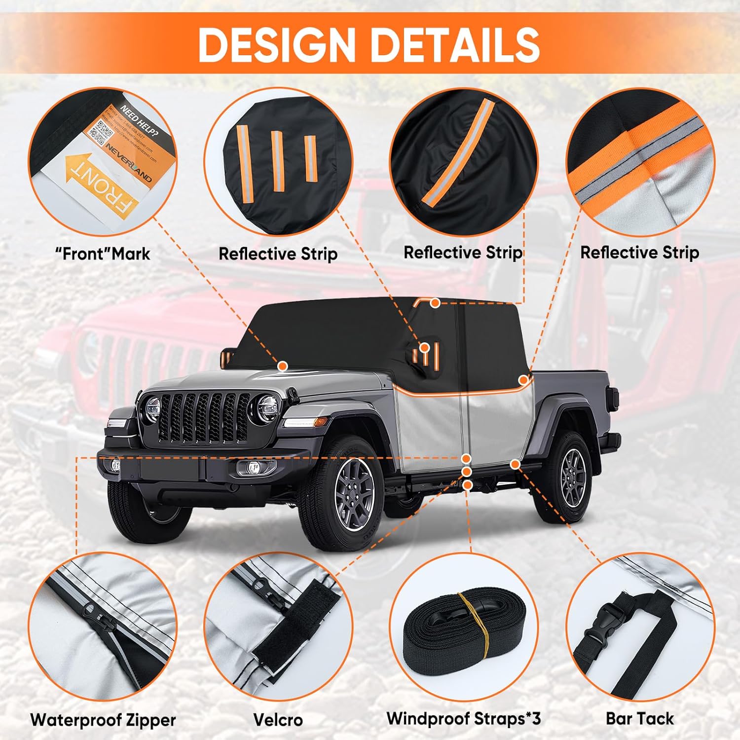 Cab Cover for Jeep Gladiator JT 2019-2026 - All Weather Waterproof Gladiator Half Car Cover,Outdoor Jeep Cab Cover Rain Covers for Sun Snow UV Protection with Door Zipper Windproof Straps