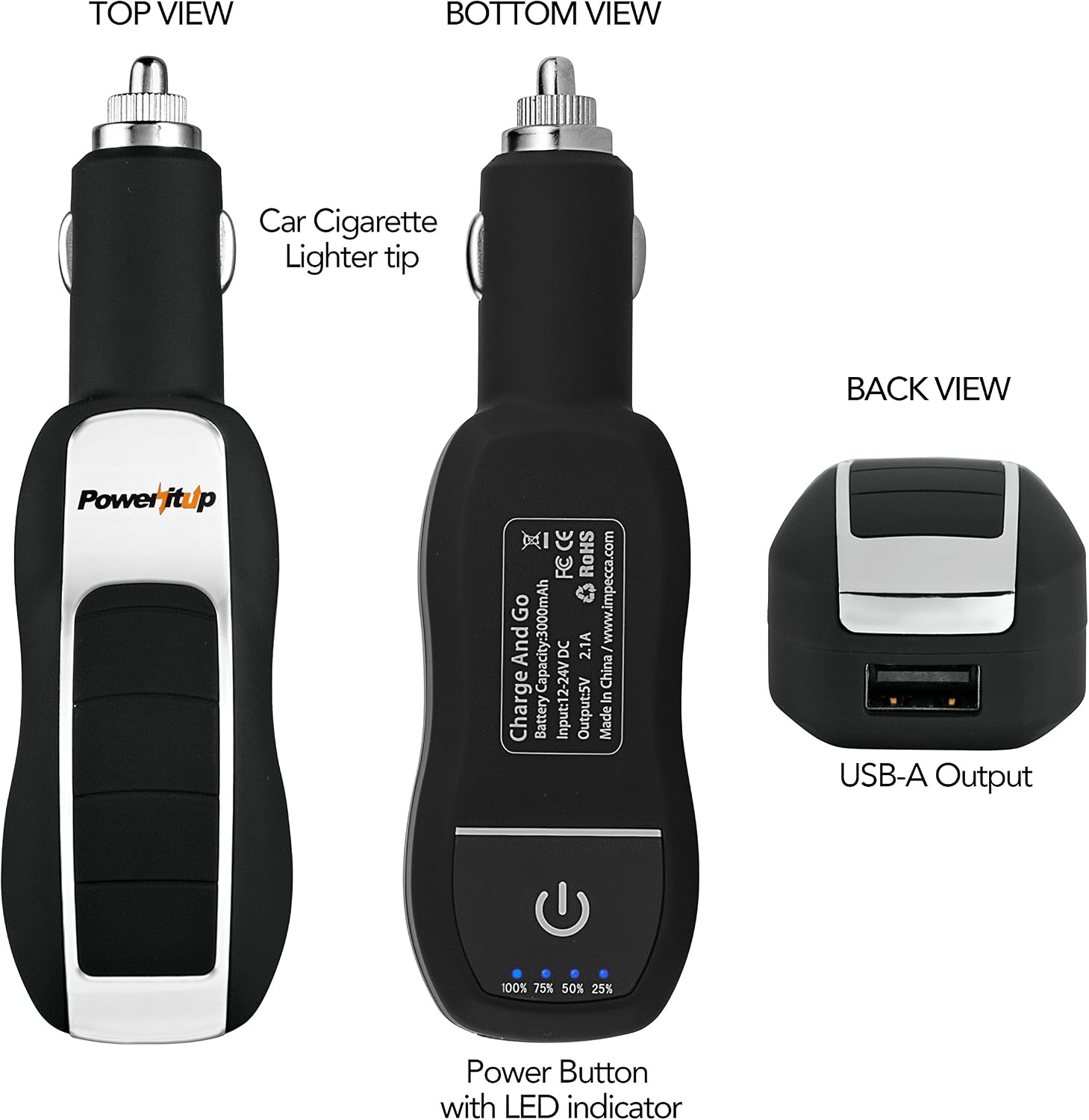 PowerItUp PBC-3012 2 in 1 USB Car Adapter & 3,000 mAh Power Bank