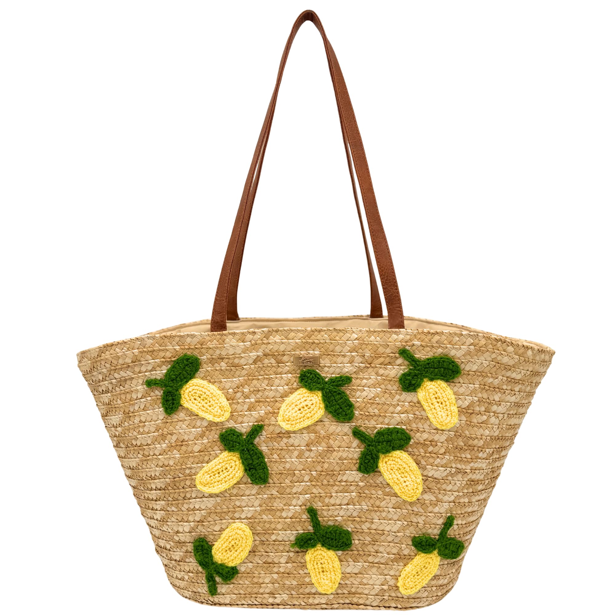 DIVINA Italian Design Borsa in Paglia, Intrecciata, Decorazione Limoni, 57x32x24 cm, Stile Mediterraneo - Limonea Maxi - BAG248