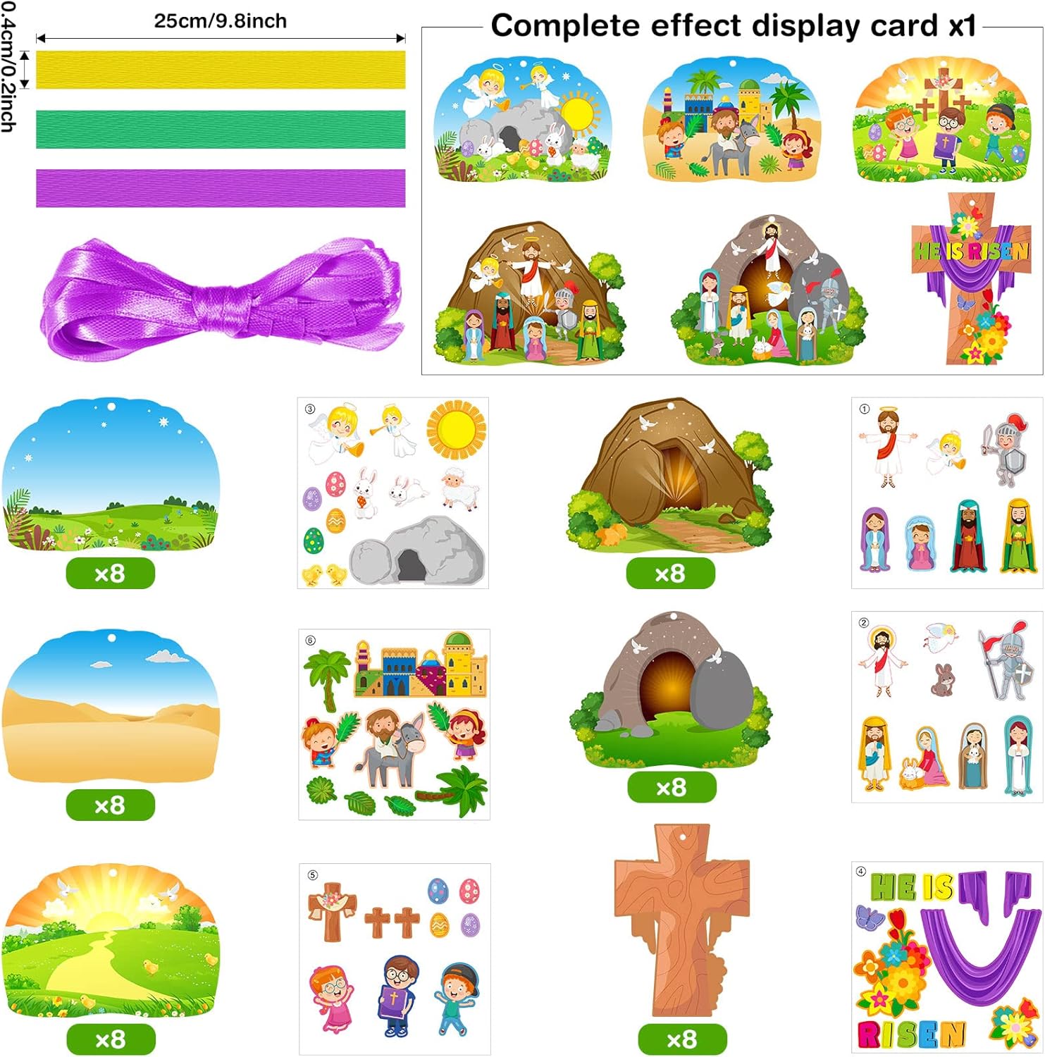 Funrous 48 Pack Easter Religious Craft Kits Easter Sticker Scene Craft Christian Cardboard He Lives DIY Ornaments for Kids for Jesus Christian Religious Sunday School Supplies 6 Styles