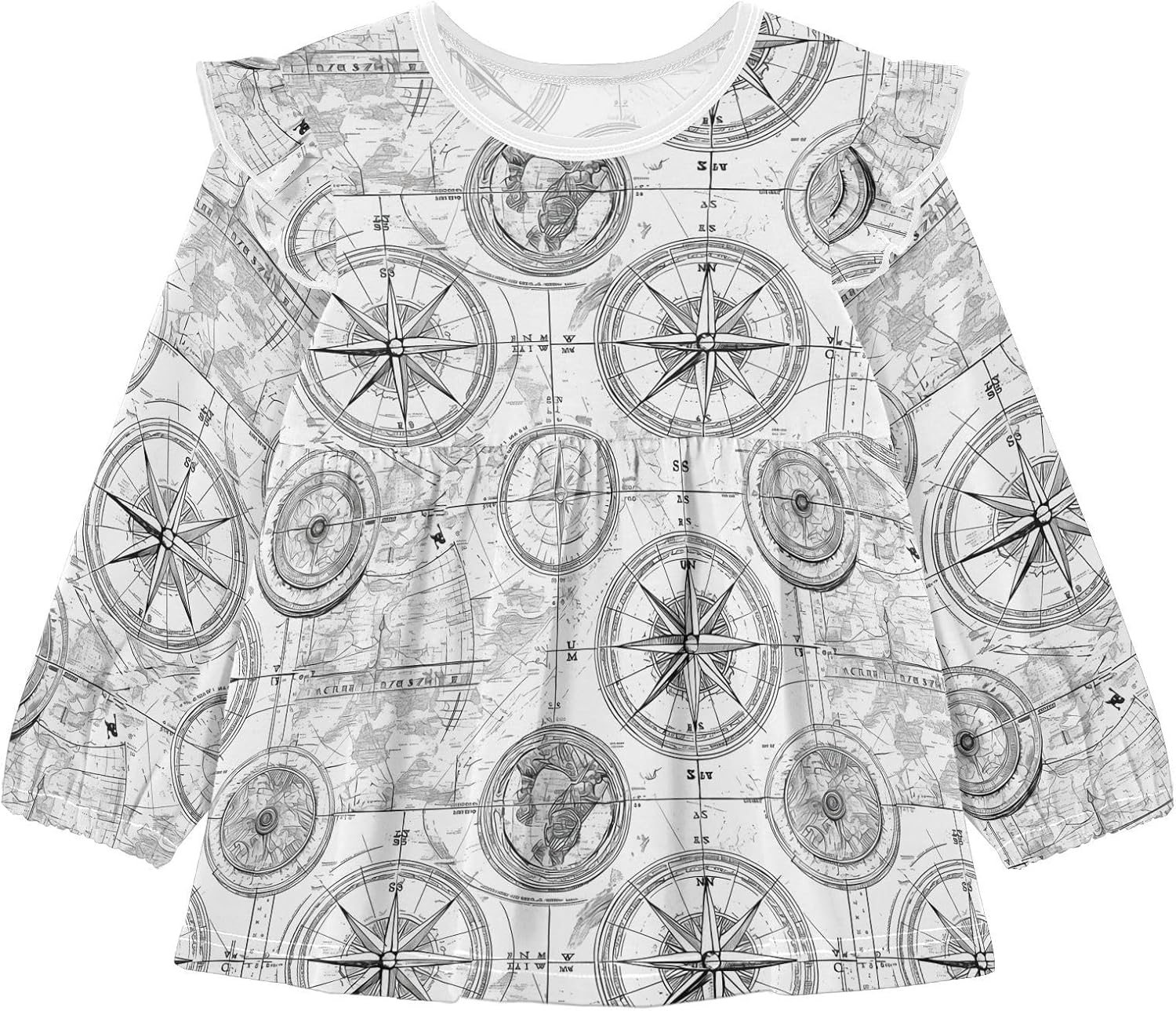 visesunny Toddler Clothes for Girls Sketch Vintage Compass Map Long Sleeve Fall Shirts Cotton Top with Ruffle Collar
