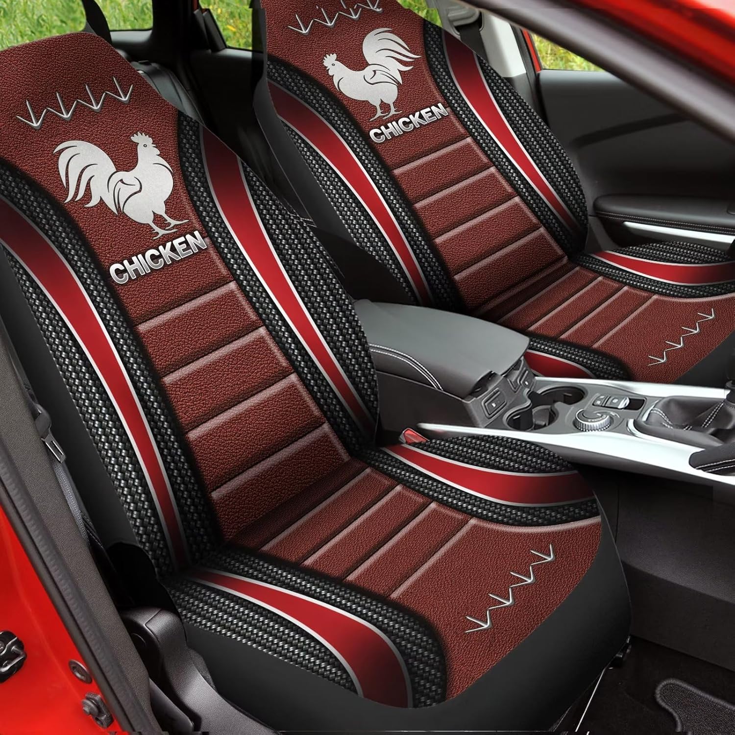 Bulopur Red Chicken Art Set of 2 Car Seat Covers Auto Accessories Carseat for Front Seats Fit for Truck, Van, and SUV