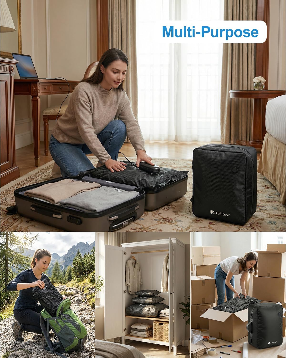 1-Pack Vacuum Seal Bags for Clothing Travel with Portable USB-Powered Pump, Triple Your Space,Reusable Space Saver Compression Bags for 23"- 26" Luggage Suitcase & Home Storage (Medium)