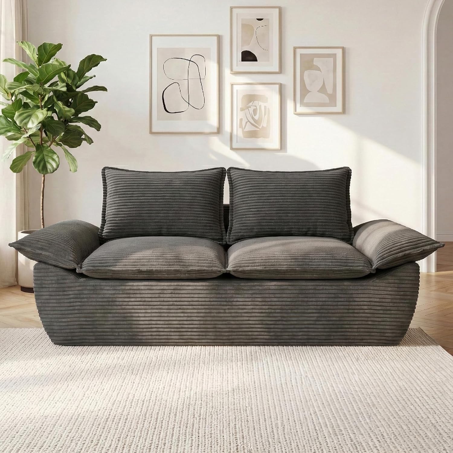  59" Boneless Loveseat Sofa, 2-Seater Gray Boneless Sofa with Removable Cushions & 2 Pillows, Small Couch Boneless Compress Foam Sofa for Living Room, Apartments, & Office
