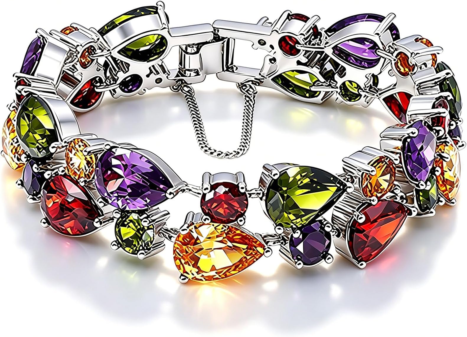 Silver Bangle Bracelets For Women Classic Fashion Bracelet with Gemstone Garnet White Topaz Amethyst Citrine Peridot Pink Topza 7 Inches