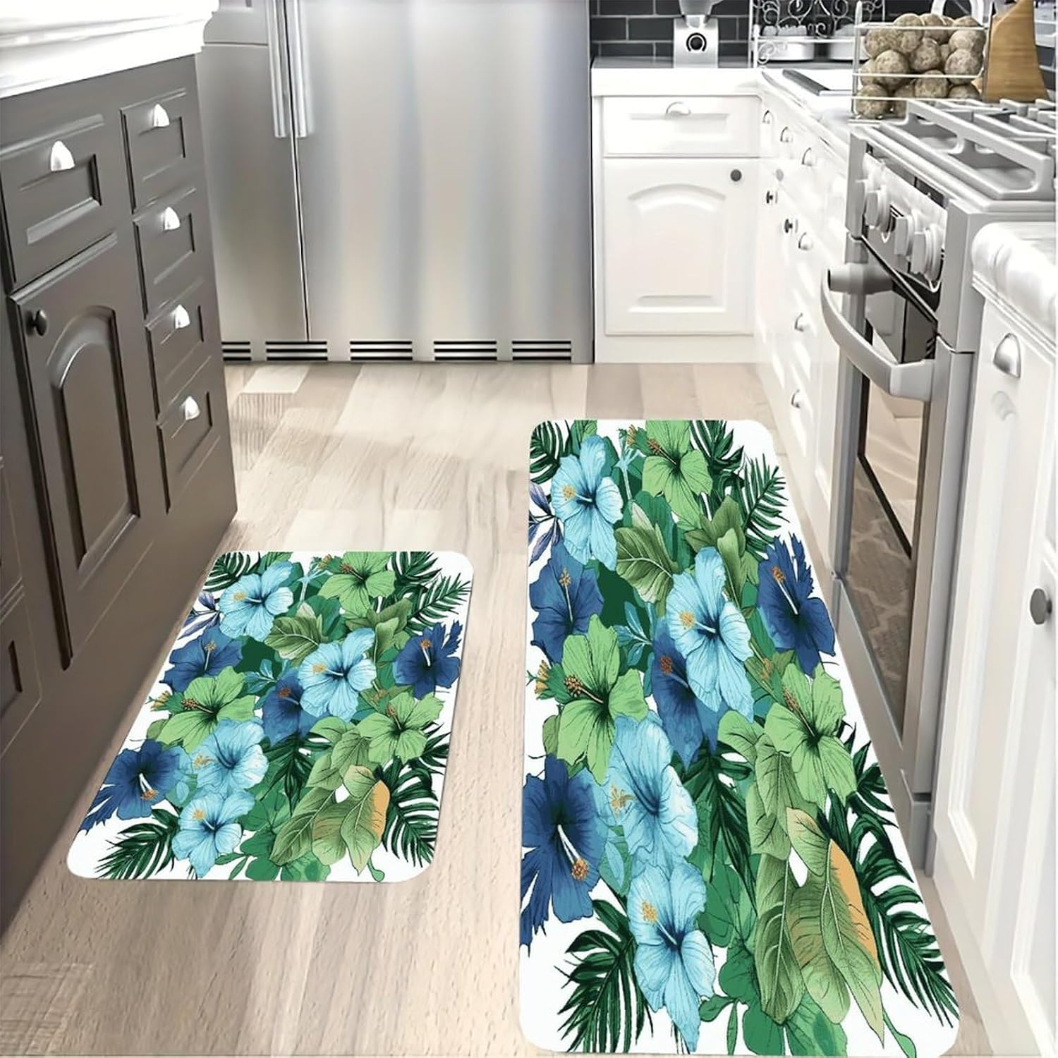 Green and Blue Hibiscus Flowers Kitchen Mats with 2PCS Non-Slip Washable,Kitchen Rug Heavy Duty Durable, Floor Mats for Kitchen,Office,Sink,Laundry