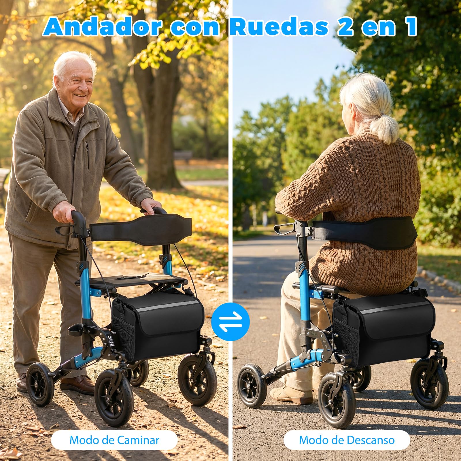 COSTWAY 2 en 1 Andador para Ancianos Plegable, Andadores Adultos con Asiento, Respaldo, Suspensión de Muelles, Soporte para Bastón, Almacenamiento, Caminadores para Mayores con 4 Ruedas (azul)