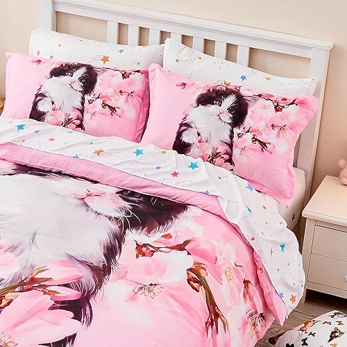 Cat Comforter Set Twin Size,7 Piece Bed in a Bag,Cute Cat and Floral Pattern Bedding Set for Kids Teens Adults,Soft Lightweight Microfiber Kitty Comforter Sets with Sheets and Pillowcases