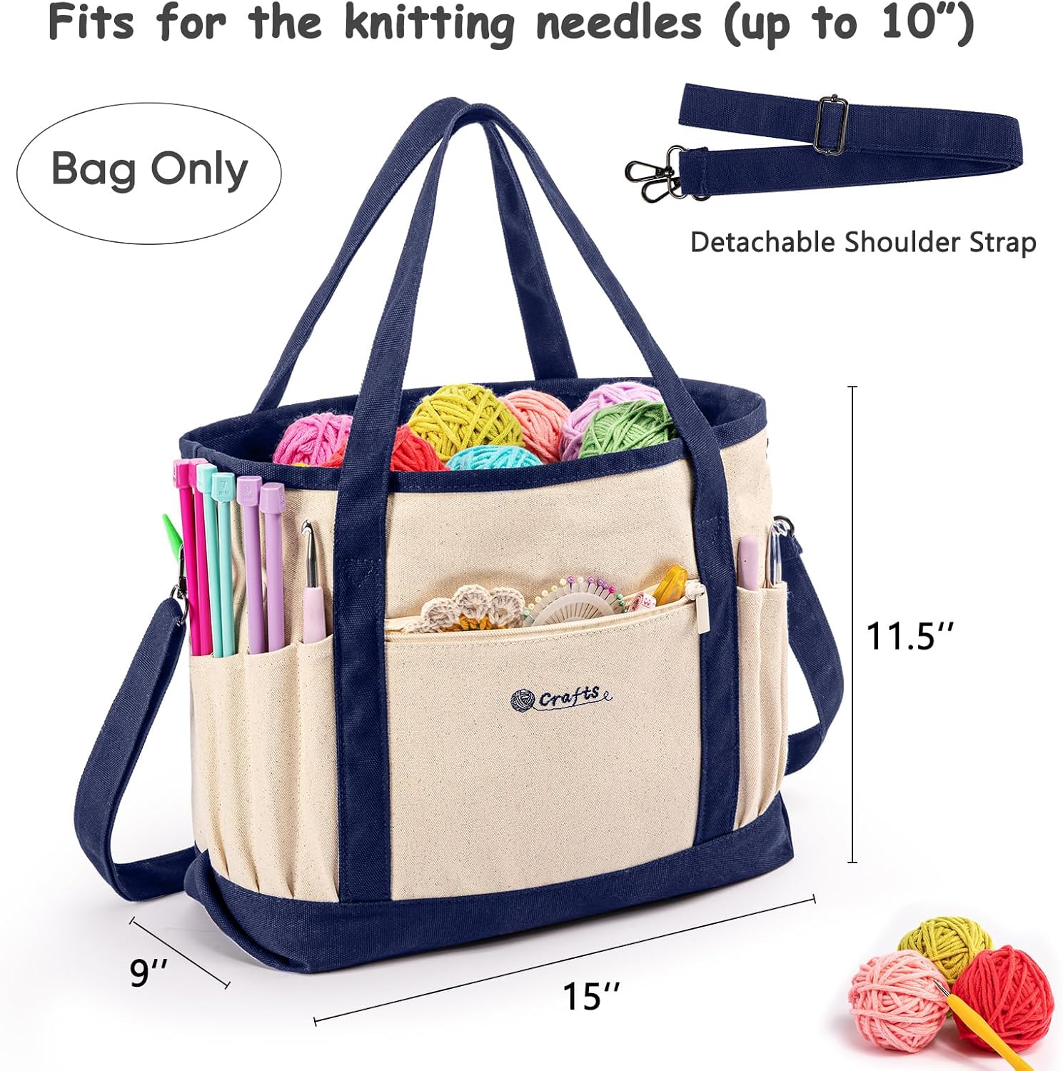 Canvas Yarn Storage Organizer Bag Washable Crochet Bag with Pockets for Yarn, Hooks, Needles – Travel Knitting Tote for Crafters – Gift for Crocheters & Knitters (Medium/Large)
