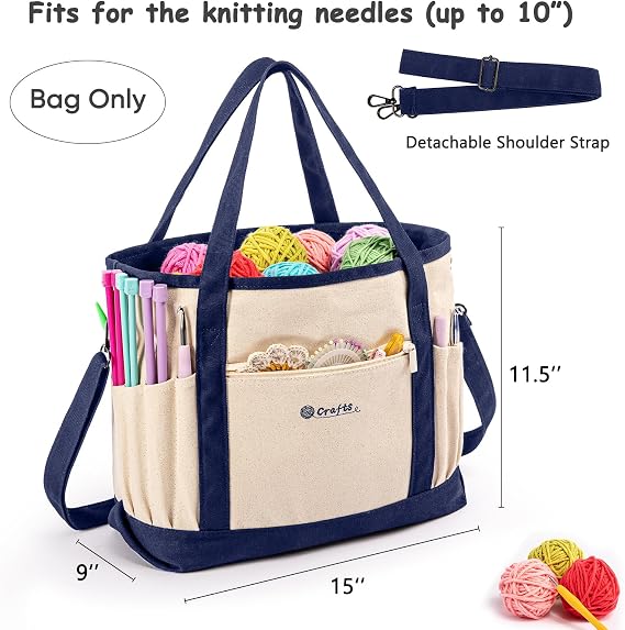 MYBAGZING Canvas Yarn Storage Organizer Bag Washable Crochet Bag with Pockets for Yarn, Hooks, Needles – Travel Knitting Tote for Crafters – Gift for Crocheters & Knitters (Medium/Large)