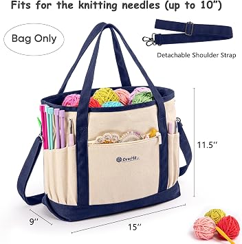 MYBAGZING Canvas Yarn Storage Organizer Bag Washable Crochet Bag with Pockets for Yarn, Hooks, Needles – Travel Knitting Tote for Crafters – Gift for Crocheters & Knitters (Medium/Large)
