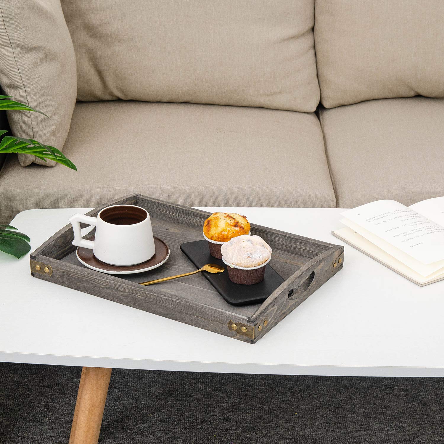 Bandejas de madera rústica para servir desayuno con asas de madera, juego de 3, puede poner alimentos, frutas, platos