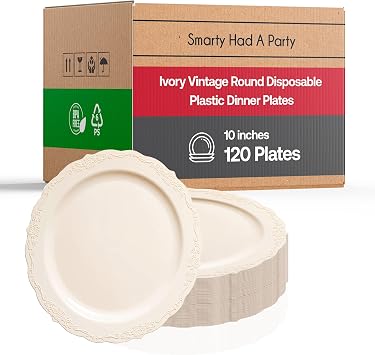 Smarty Had A Party Ivory Scalloped Plastic Dinner Plates 10 inch 120 Pieces Heavy Duty Disposable Plates for Wedding Fancy Upscale Disposable Dinnerware, Round Vintage Ruffle Rim