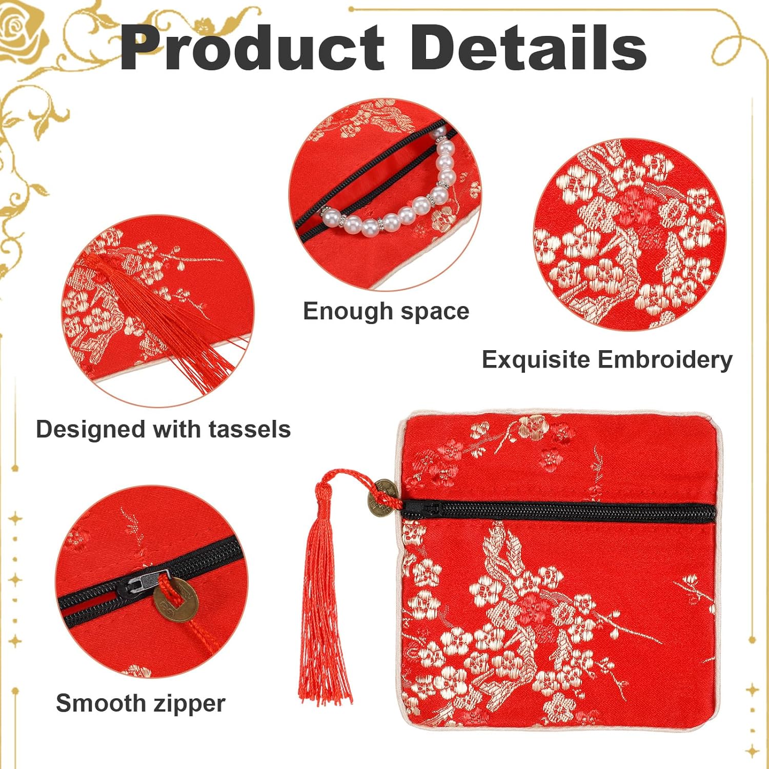 30 Pcs Jewelry Silk Purse Pouch Chinese Silk Brocade Coin Purse Zipper Jewelry Bag Gift Pouch with Tassel for Women Coins Traveling Jewelry Rolls Wedding Birthday Party Favors - Image 3