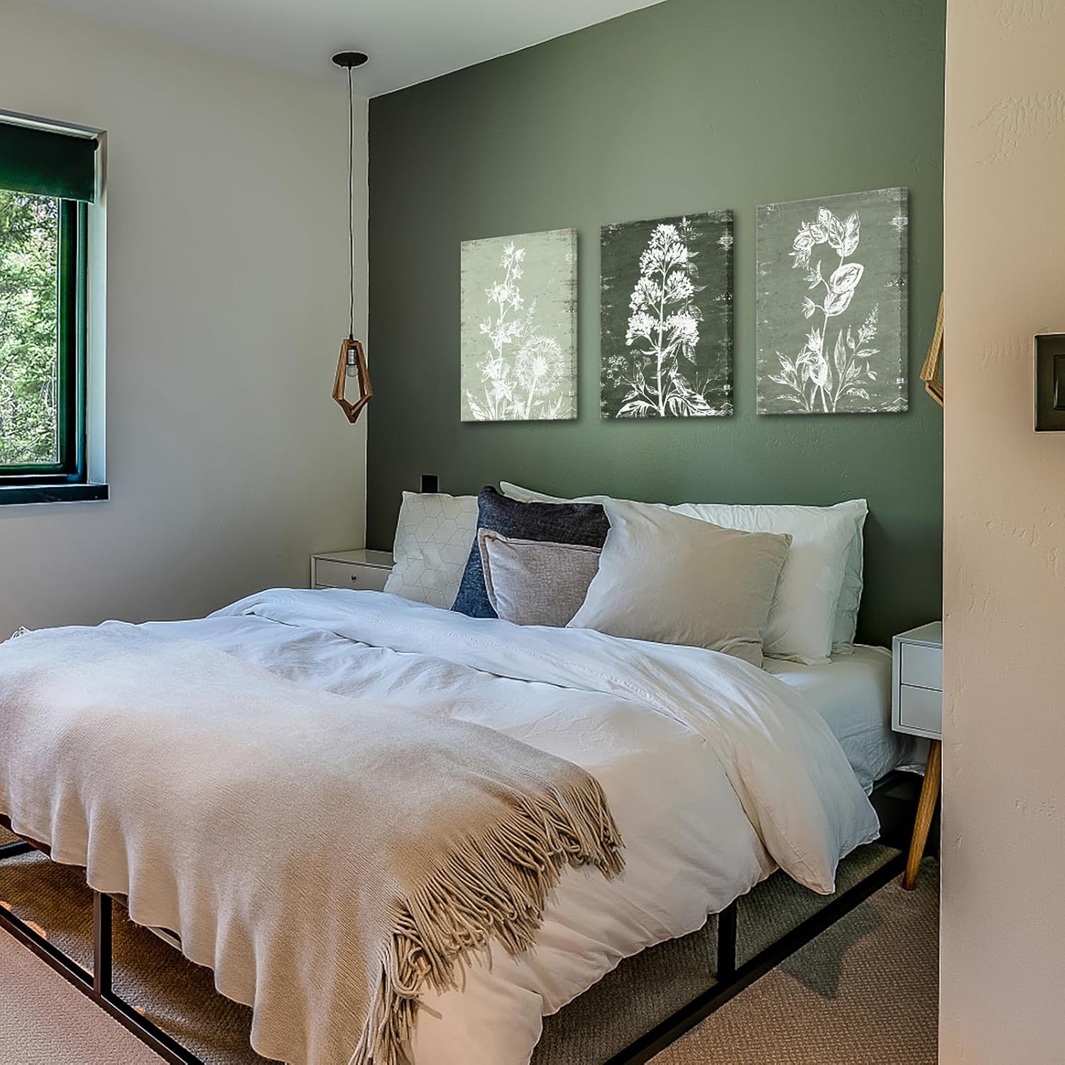 RnnJoile Boho Botanical Prints Sage Green Floral Canvas Picture Wall Art for Bathroom Decor Framed 16x24 inches each